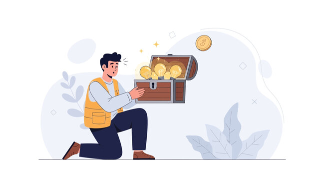 Man Discovers Treasure Chest Full of Light Bulbs and Coins - Symbolizing Ideas, Innovation, and Wealth