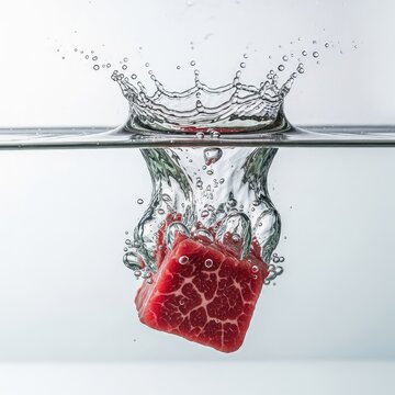 High-speed macro shot of a raw steak cube splashing into clear water, creating dynamic ripples, transparent bubbles, and liquid droplets, ingredient, fresh, texture
