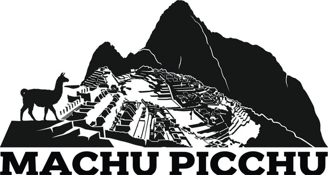 Machu picchu ancient inca citadel landmark featuring llama animal huayna picchu mountain peak for peruvian travel souvenir design