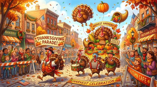 Festive thanksgiving parade scene featuring colorful floats and giant balloons moving through a crowded city street