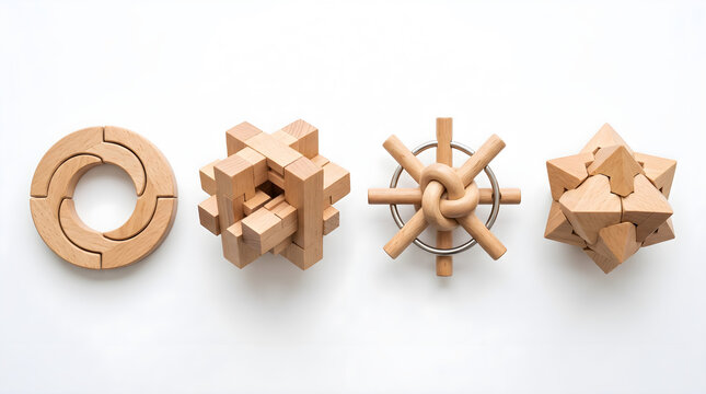 Set of four complex wooden mechanical interlocking brain teaser puzzles