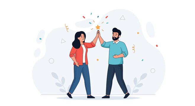 Two happy people giving high five, celebrating success with confetti and star illustration