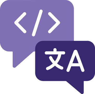 A purple icon representing software localization featuring speech bubbles with code brackets and language translation symbols