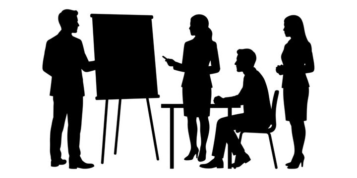 Professional business people attending a corporate meeting and presentation with a speaker using a flipchart board in a minimalist black silhouette style vector illustration