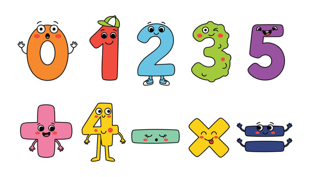 Cute Cartoon Math Numbers and Symbols Vector Set with Funny Kawaii Characters from Zero to Five for Kids Preschool Math Education Designs