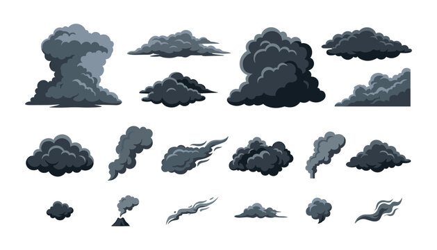 Dark Storm Cloud and Black Smoke Vector Set with Explosion Puffs, Volcanic Ash, and Heavy Rain clouds for Game UI, Animations, and Weather Warning Graphic Designs