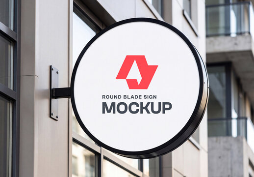 Round Blade Sign Mockup on Building Facade, Logo Display