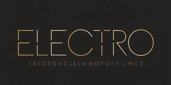 A gold linear alphabet with electro font style, uppercase letters, on a dark background.