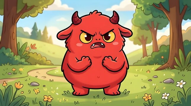 Funny red cartoon monster with an angry expression, clenched fists, and expressive eyebrows in a colorful playful illustration.