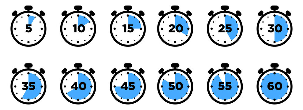 Collection of stopwatch showing time intervals from 5 to 60 minutes in 5 minute increments