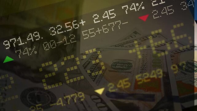 A dynamic double exposure video showing a close-up of a hundred-dollar bill superimposed with a digital stock market ticker displaying green and red numbers and arrows.