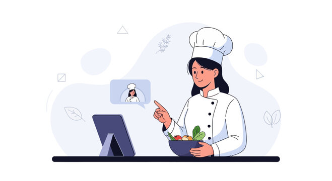 Chef teaching online cooking class, using tablet and ingredients, engaging with virtual student.