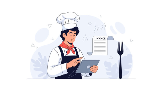 Chef Using Tablet for Invoice Management with Fork and Steam Graphics - Modern Restaurant Technology