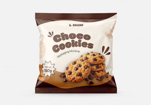 Cookies Snack Pouch Packaging Mockup, Front View