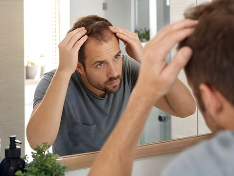 Man checking hair thinning in bathroom mirror, concerned expression, male pattern baldness concept