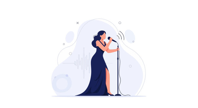 Elegant Woman Singing into Microphone on Stage - Vector Illustration of a Performer