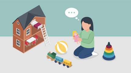 Naklejka premium Child playing with doll and toys, featuring a dollhouse and imagination