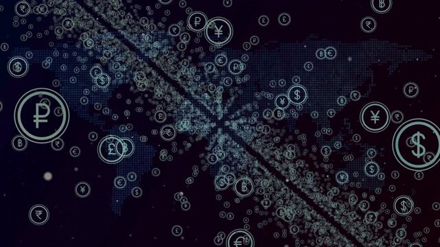 A digital animation showing a world map made of dots with glowing currency symbols like euro, dollar, yen, pound flying across the screen on a dark background.