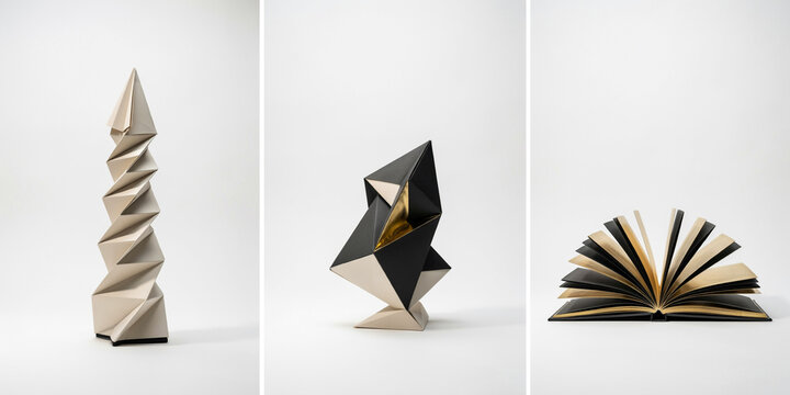 Three minimalist sculptural featuring geometric paper folding and an open book display