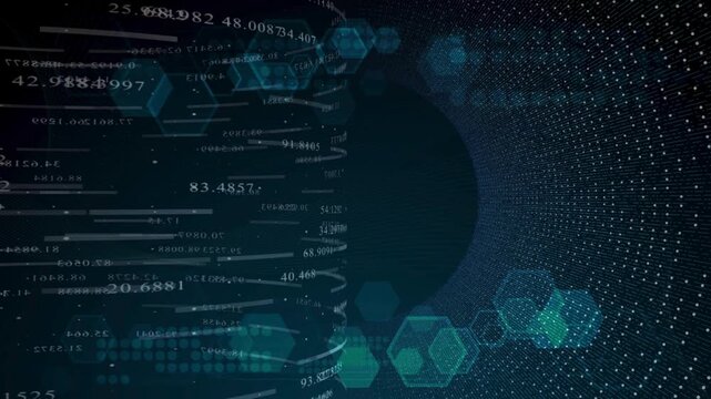 A futuristic 3D cyberspace tunnel made of glowing data points and floating digital numbers, representing big data processing, network flow, and advanced server technology.