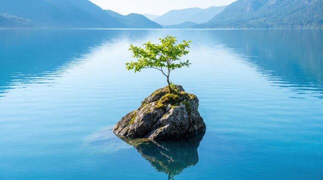 Small green tree on a rocky island in the middle of a lake