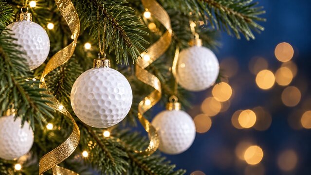 White golf balls used as Christmas tree ornaments hanging on pine branches with sparkling gold ribbons and festive holiday lights