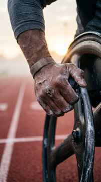 Close up of athlete hand pushing racing wheelchair wheel on athletic track