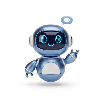 Cute blue robot character waving hand with a speech bubble icon isolated on white background