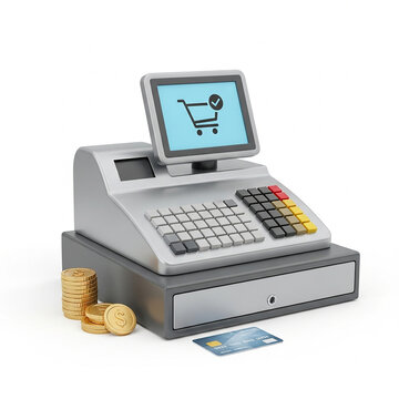 3d illustration of a modern cash register with a shopping cart icon on the screen, gold coins, and a credit card, isolated on white background