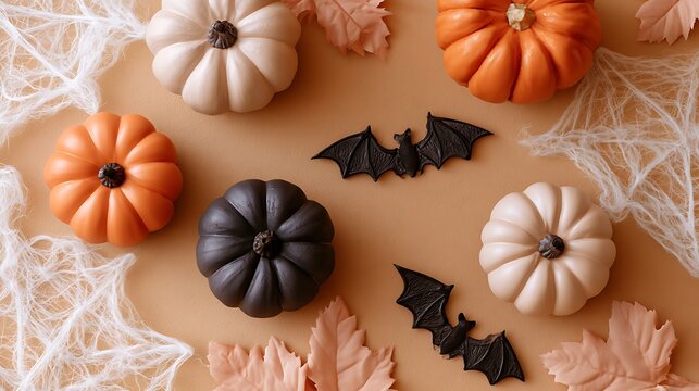 Pumpkins in beige, black, and orange surround paper bats on a warm background.
