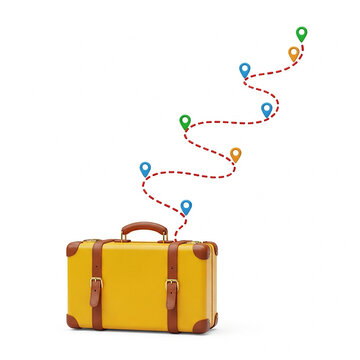 Yellow vintage suitcase with a travel route map path and colorful location pins isolated on white background