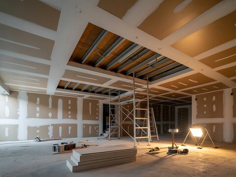 Unfinished room drywall plasterboard ceiling wall installation scaffolding equipment photo