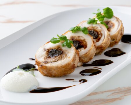 Italian Guinea Fowl Roulade with Black Truffle Jus and Parmesan Espuma, Fine Dining with Copy Space