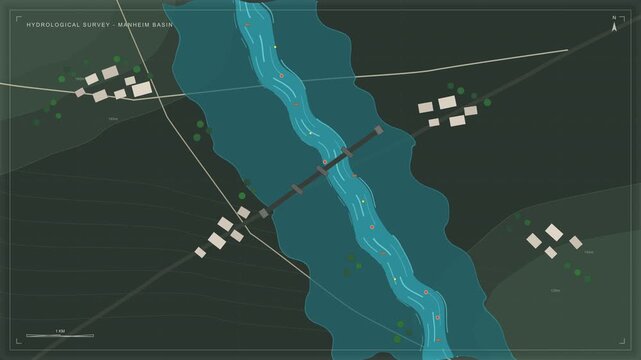 Animated map view of a winding river, bridge, and scattered houses, representing travel or geography concepts
