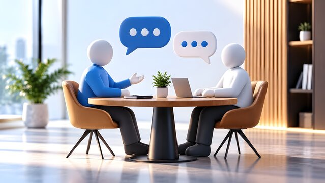 3D illustration of two faceless business people having a conversation at a round table with speech bubbles in a modern office setting.