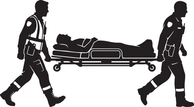  Paramedic team carrying stretcher emergency response solid black vector silhouette