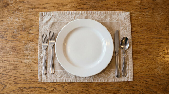 Top down view of empty white plate with cutlery on wooden table
