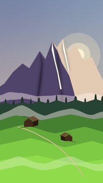 Animated low poly mountain landscape with houses and sun, idyllic rural scene