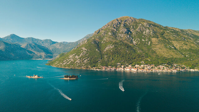 Aerial View of Perast and Mountainous Bay of Kotor Coast Montenegro