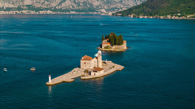 Aerial View of Island Churches in Perast Montenegro