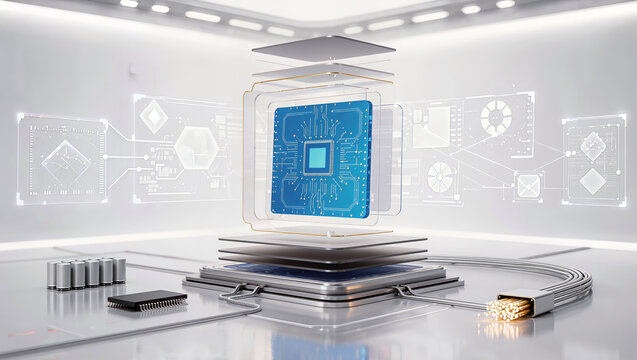 Semiconductor microchip powering futuristic electronic circuit technology