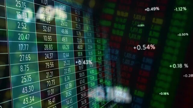 Close-up of a colorful digital stock exchange board showing rows of rising and falling financial data, percentages, and market tickers.