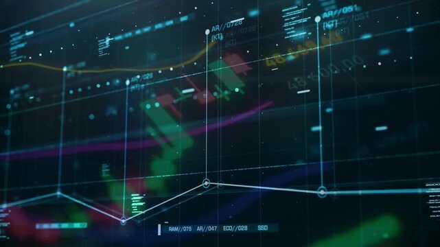 High-tech futuristic HUD interface displaying dynamic line graphs, data coordinates, and financial market statistics in a dark cyberspace environment.