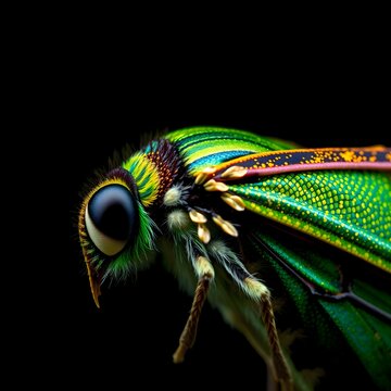 Macro of a vibrant emerald green and metallic teal butterfly isolated on black background