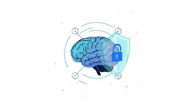 Digital human brain icon protected by a security padlock on a white background