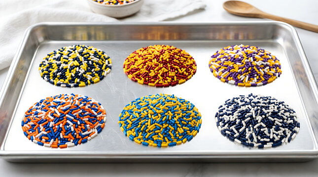 Six colorful mounds of sweet sprinkles arranged in rows on a metallic baking sheet