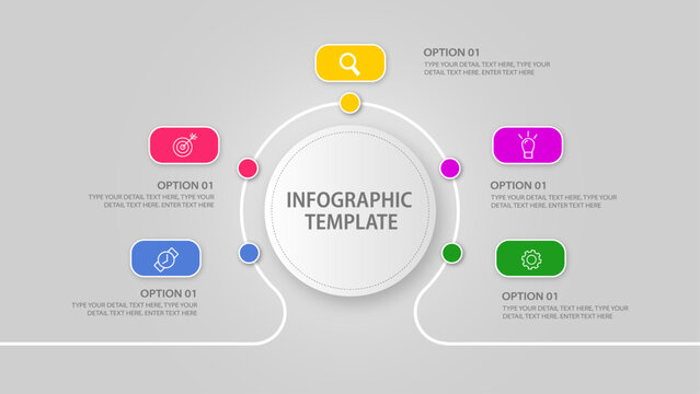 5 options central circle node infographic timeline template vector illustration