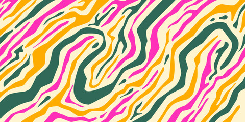Obraz premium Seamless style abstract background with bright pink, yellow and green flat wavy lines and funky retro psychedelic fluid pattern