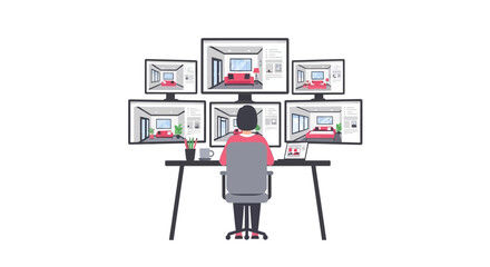 Obraz premium Professional Multi-Monitor Workstation Illustration for Real Estate Agent or Interior Designer