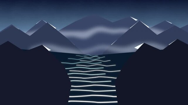calm mountain lake at night with glowing water and aurora borealis effect, tranquil landscape motion graphic